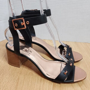 Ted Baker Rose Gold Bow Stud Black Block Heel Biah Sandals women's size EU 40.5